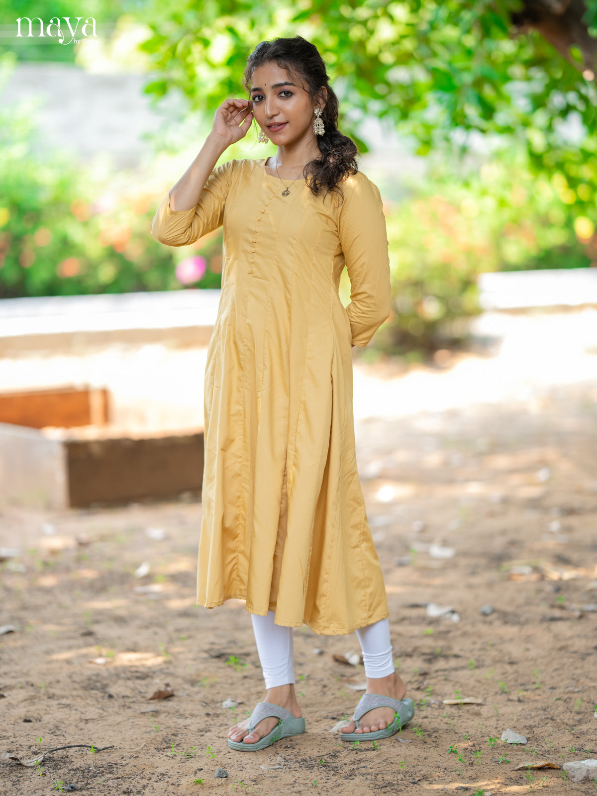 Yellow Solid Rayon Cotton Anarkali Kurti