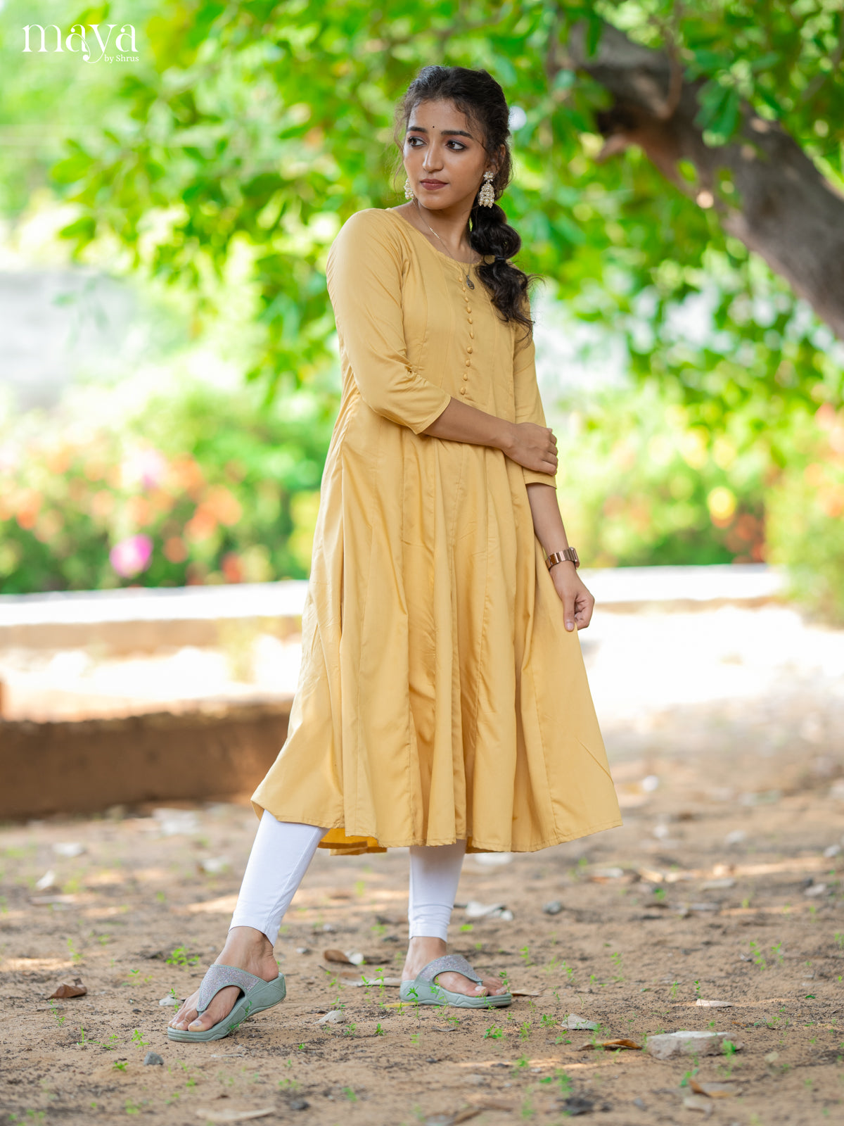Yellow Solid Rayon Cotton Anarkali Kurti