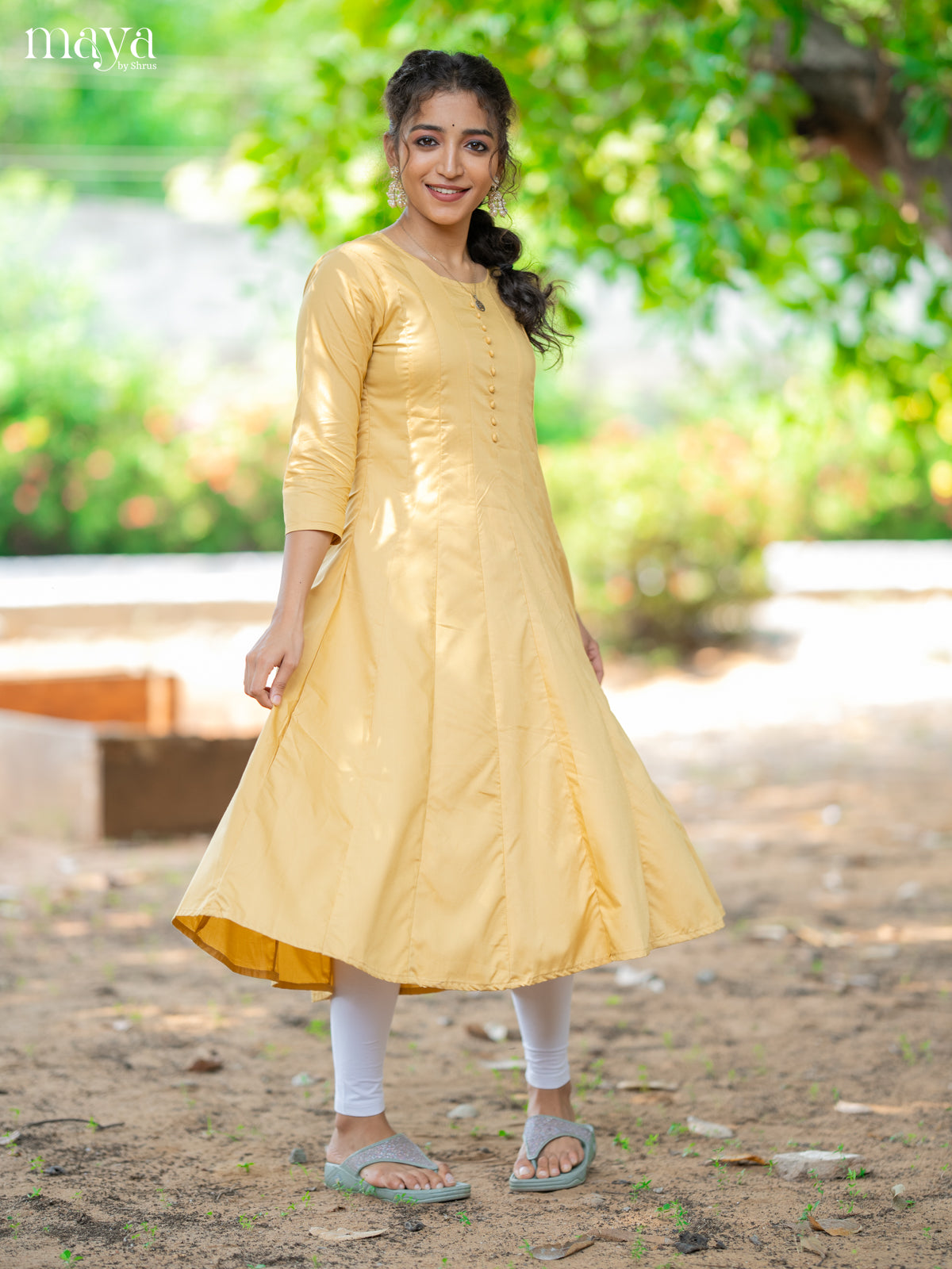 Yellow Solid Rayon Cotton Anarkali Kurti