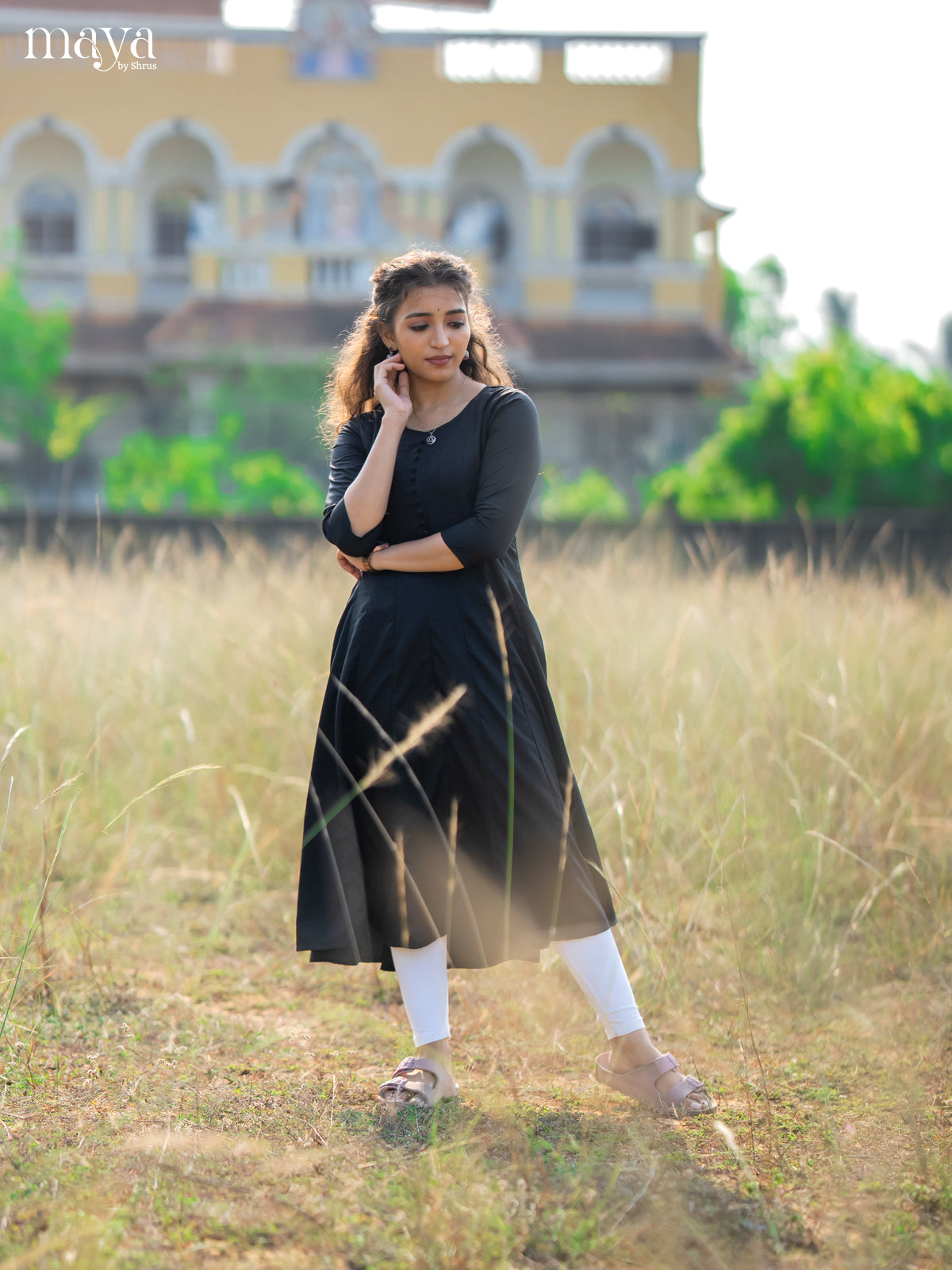 Black Solid Rayon Cotton Anarkali Kurti