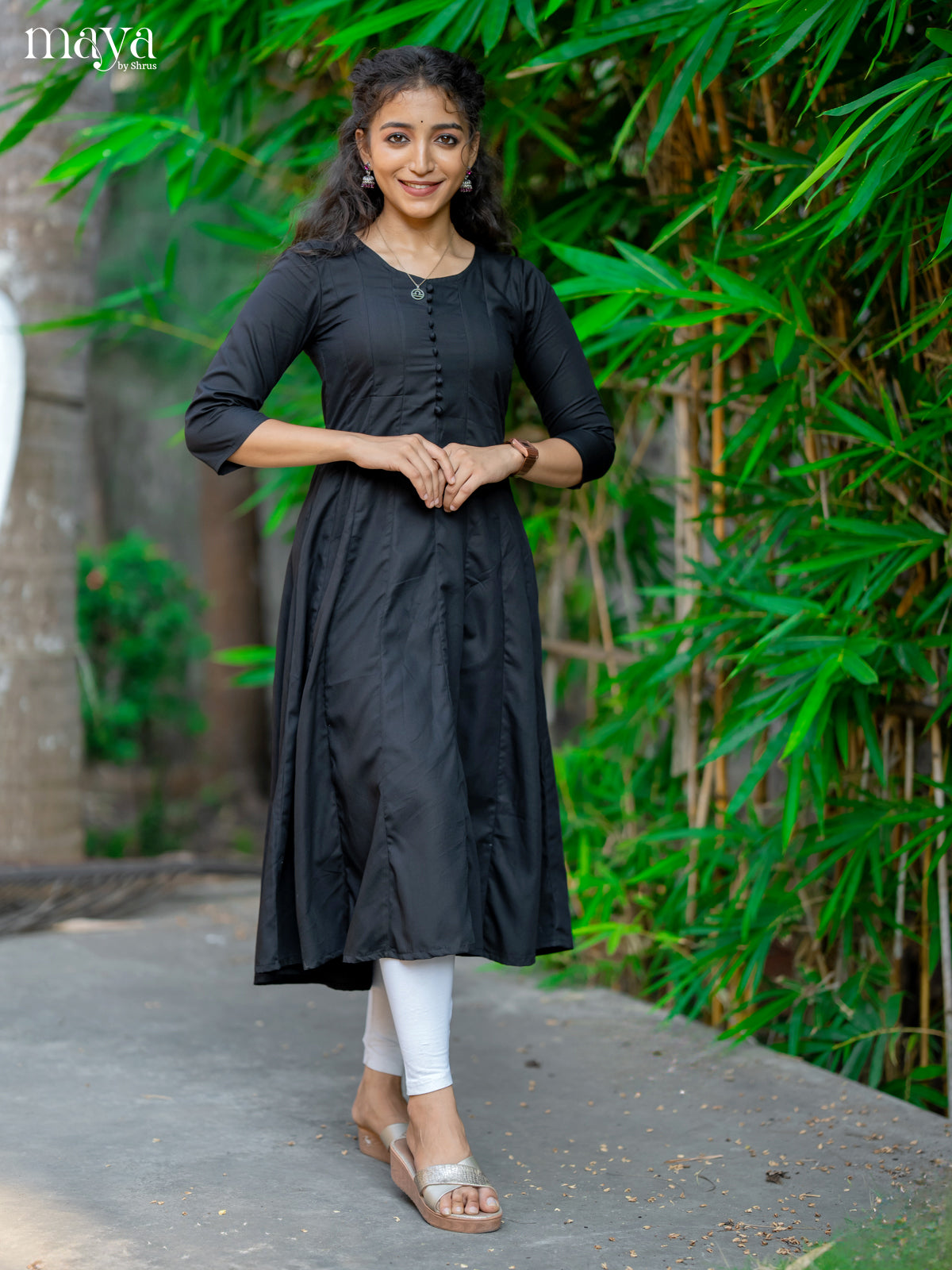 Black Solid Rayon Cotton Anarkali Kurti