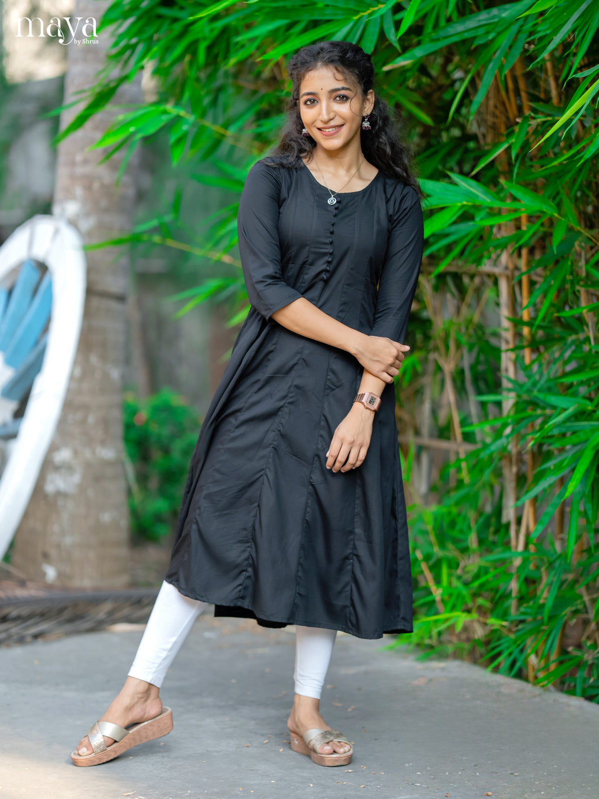 Black Solid Rayon Cotton Anarkali Kurti