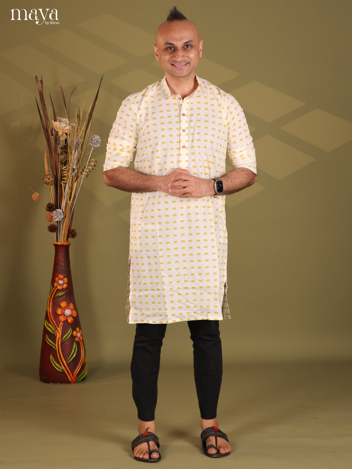 Cream with Mustrad Cotton Elephant printed Long Men Kurta