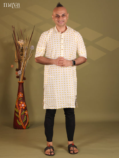Cream with Mustrad Cotton Elephant printed Long Men Kurta