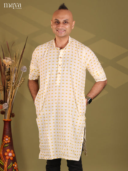 Cream with Mustrad Cotton Elephant printed Long Men Kurta