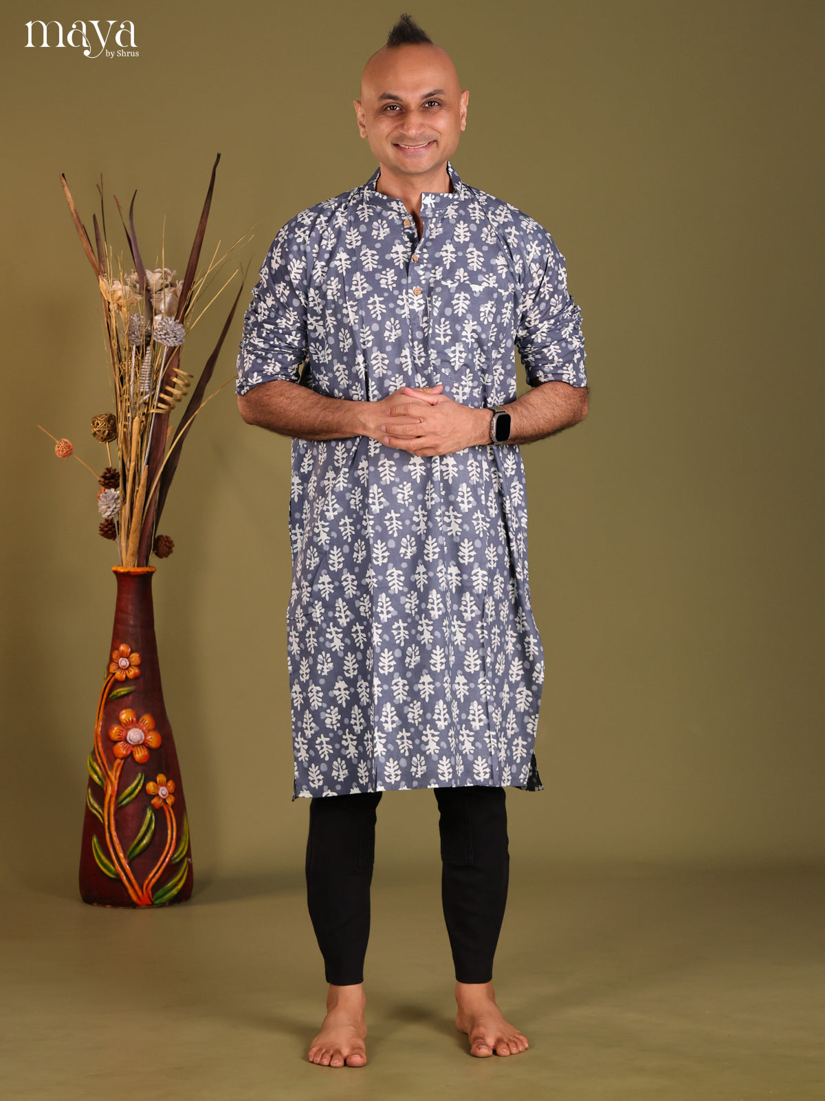 Grey Cotton Printed Long Men Kurta