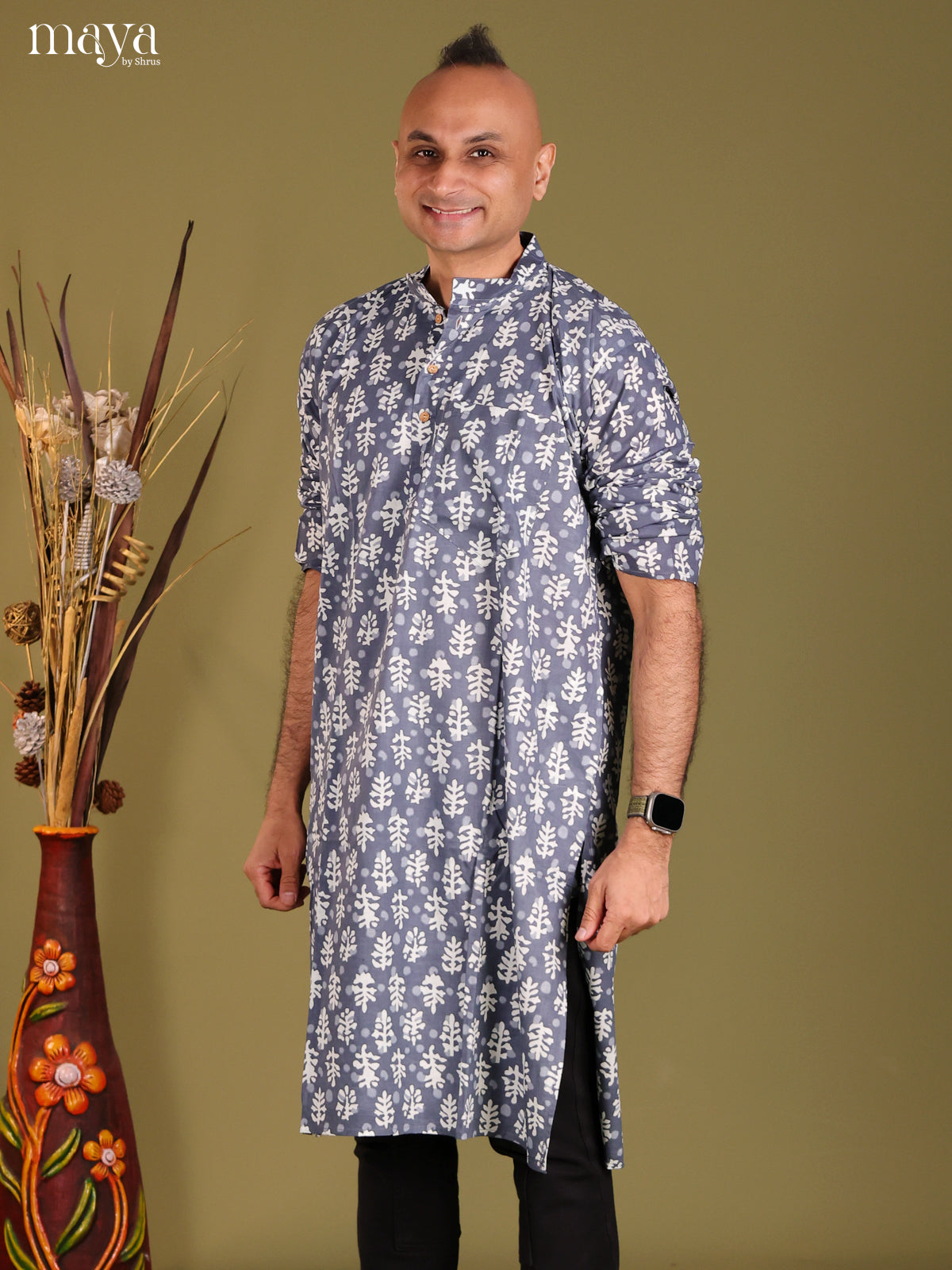 Grey Cotton Printed Long Men Kurta