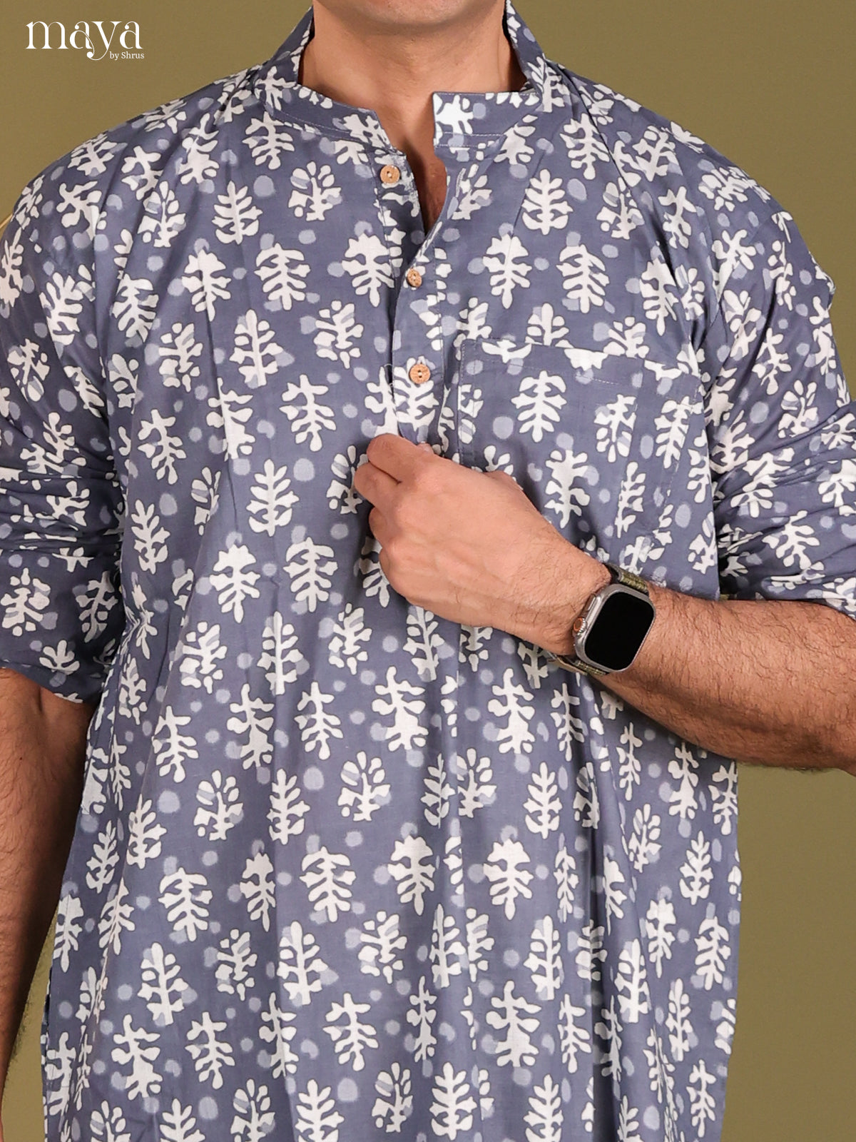 Grey Cotton Printed Long Men Kurta