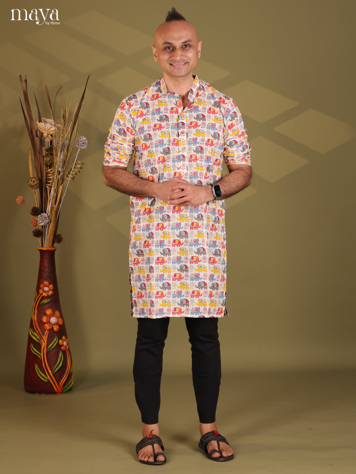 Multi Colour Cotton Elephant Printed Long Kurta