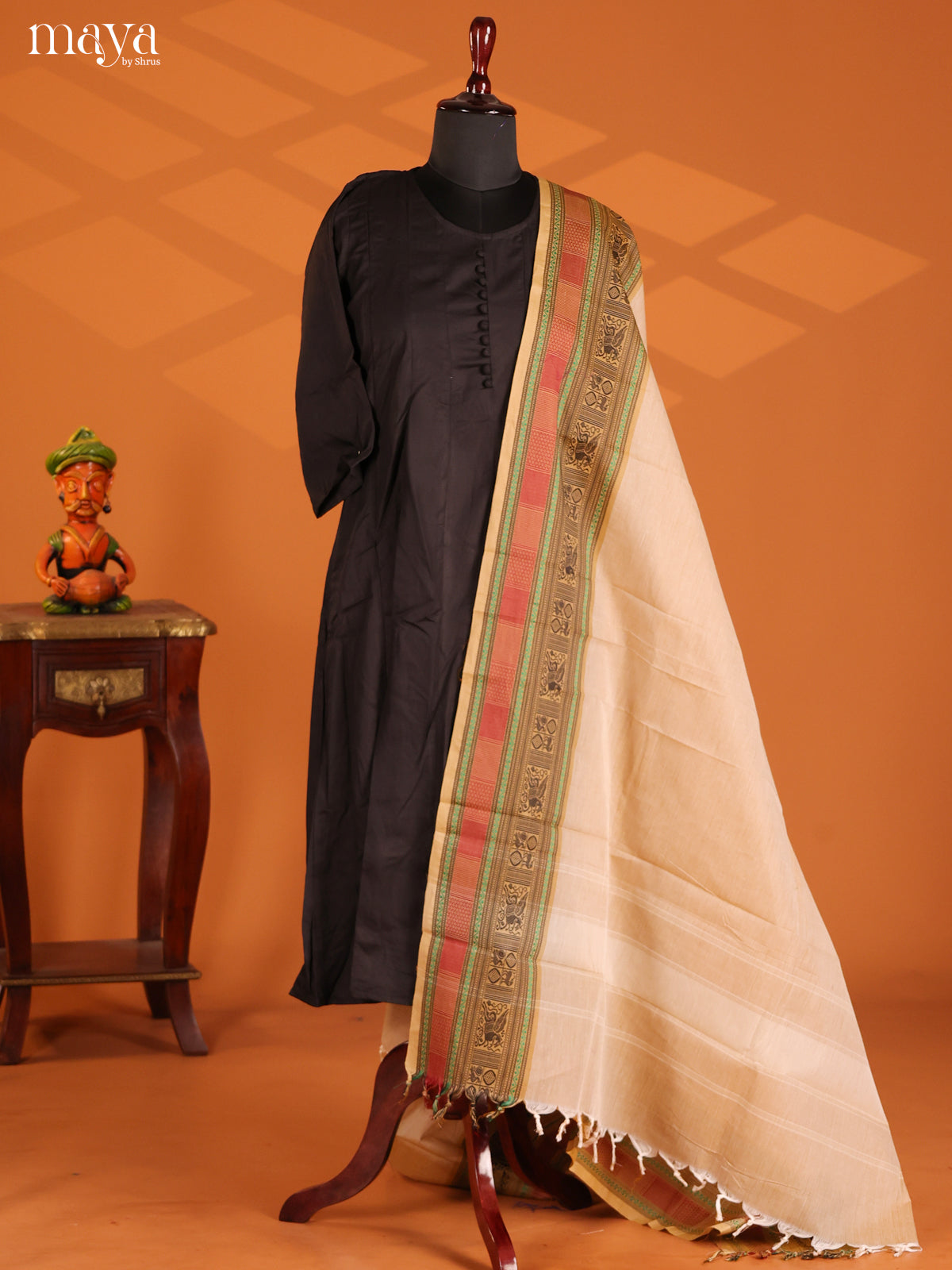 Cream Chettinad Cotton  Dupatta with thread woven border