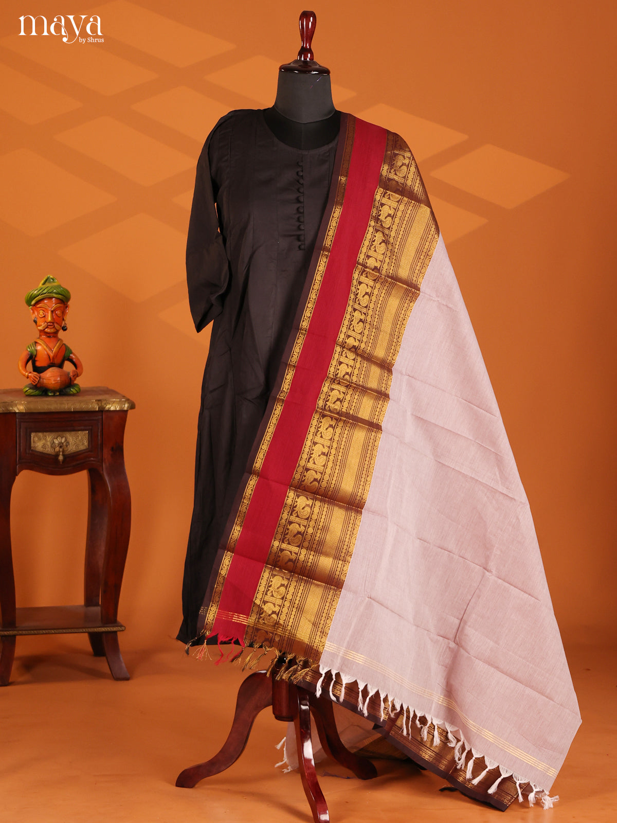 Grey Chettinad Cotton Dupatta with brown zari border