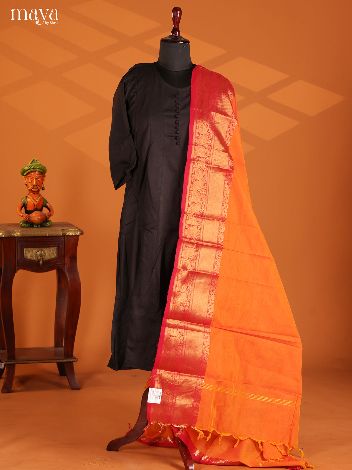 Orange Chettinad Cotton  Dupatta with red zari border