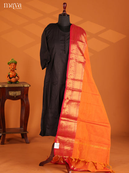 Orange Chettinad Cotton  Dupatta with red zari border