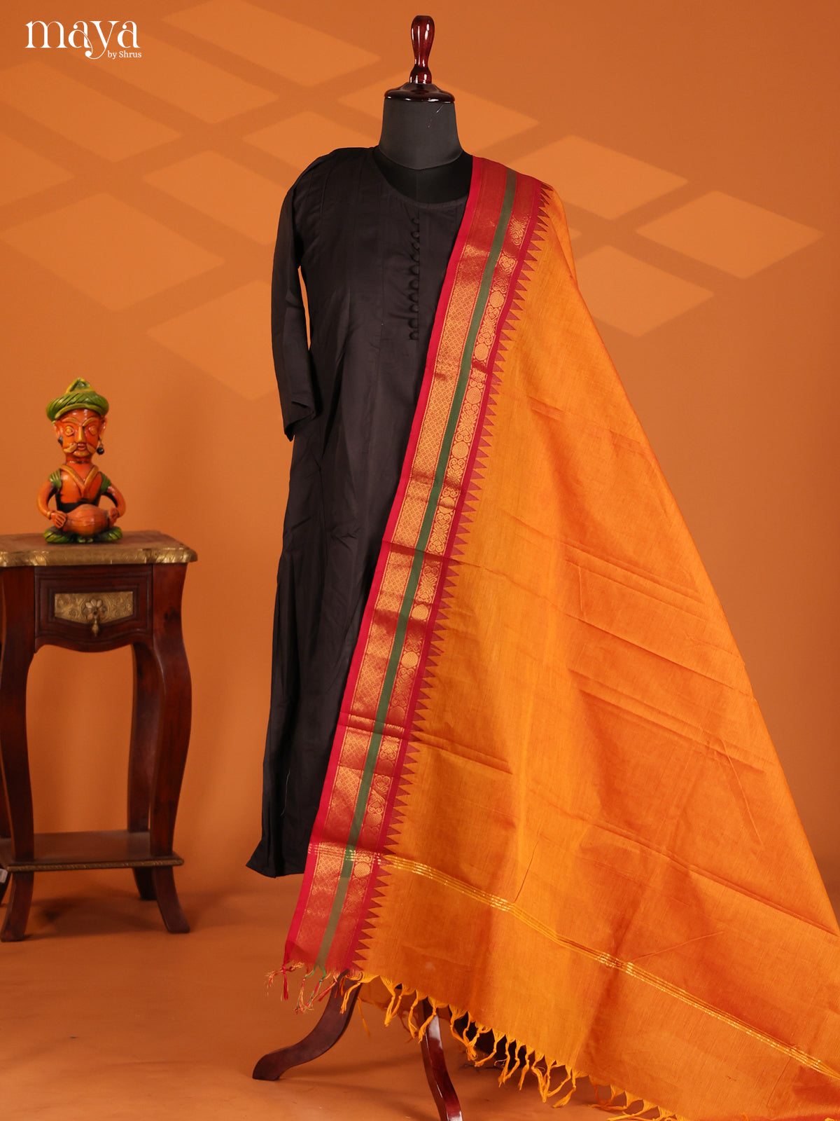 Orange Chettinad Cotton Dupatta with Maroon zari border