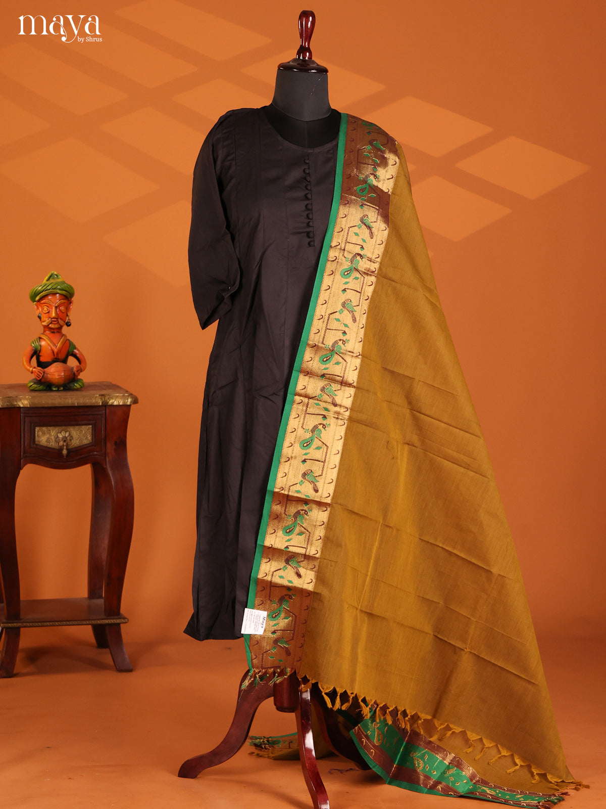 Mehandi Chettinad Cotton  Dupatta with Green paithani  zari border