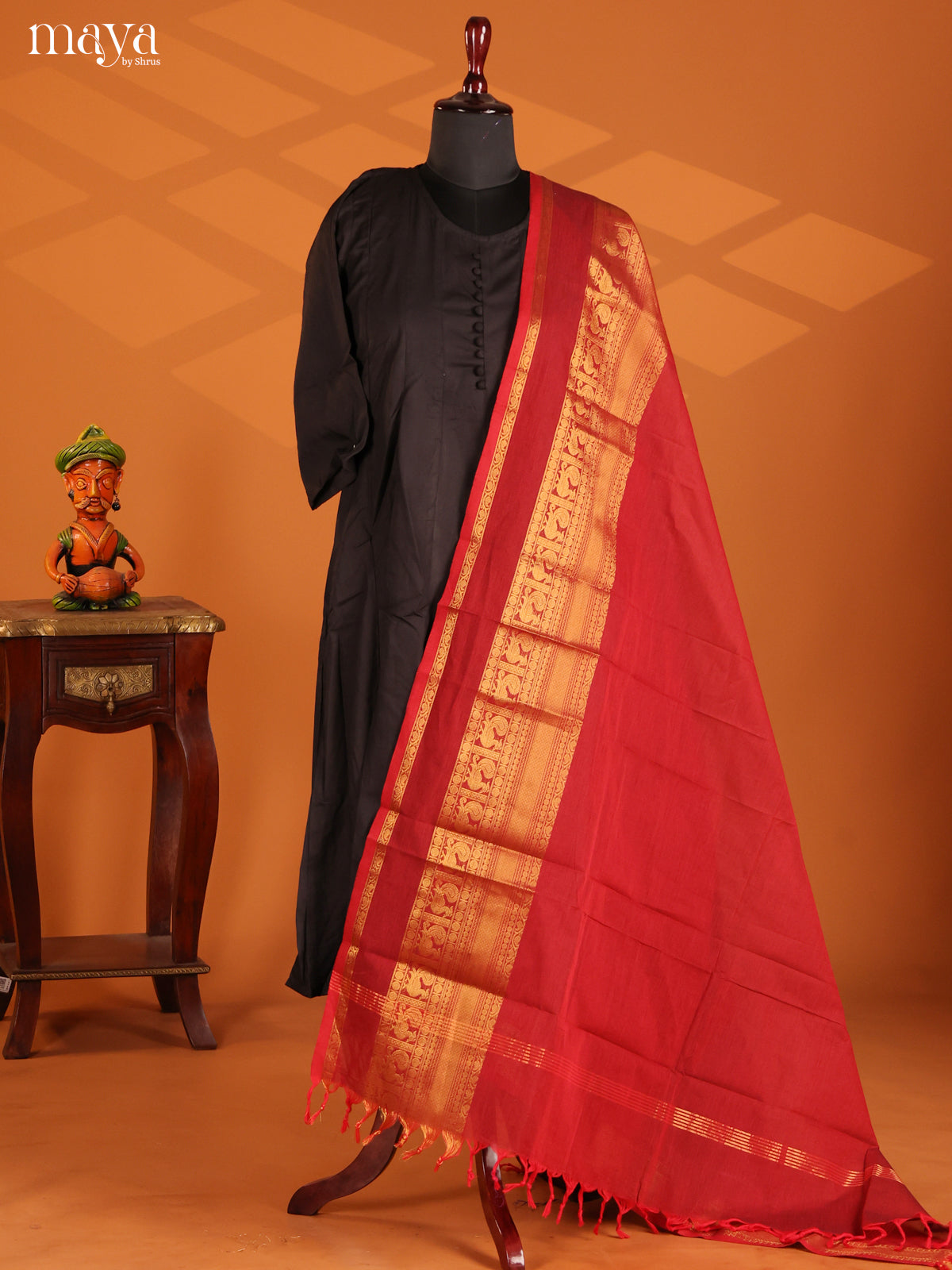 Red Chettinad Cotton Dupatta with zari border