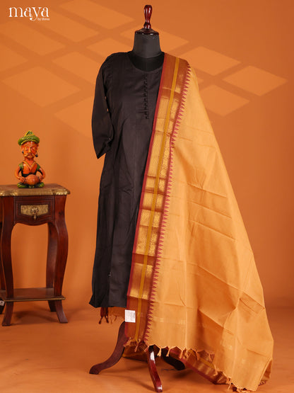 Beige Chettinad Cotton Dupatta with Maroon Zari Border