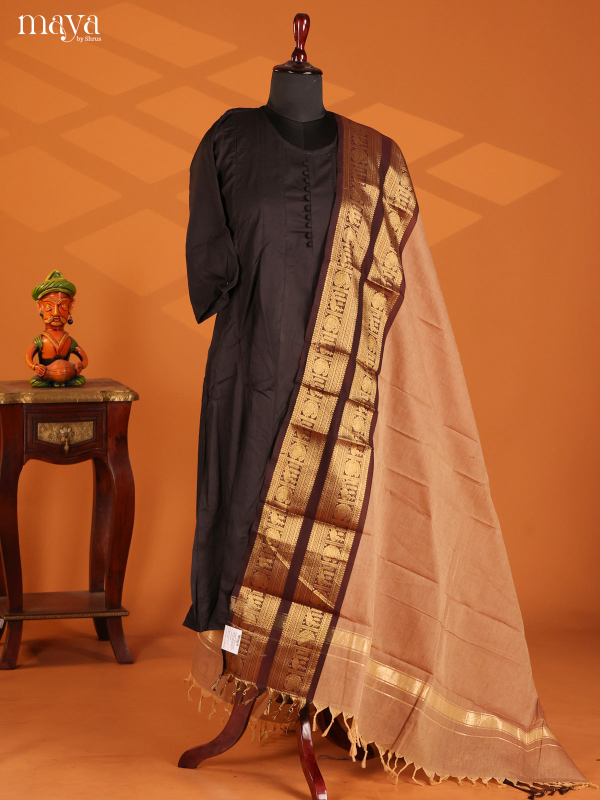 Beige Chettinad Cotton Dupatta with Brown zari Border