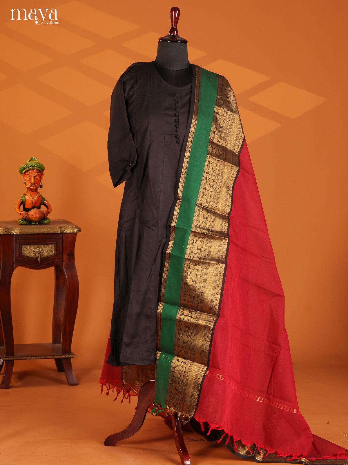 Red Chettinad Cotton Dupatta with green zari border