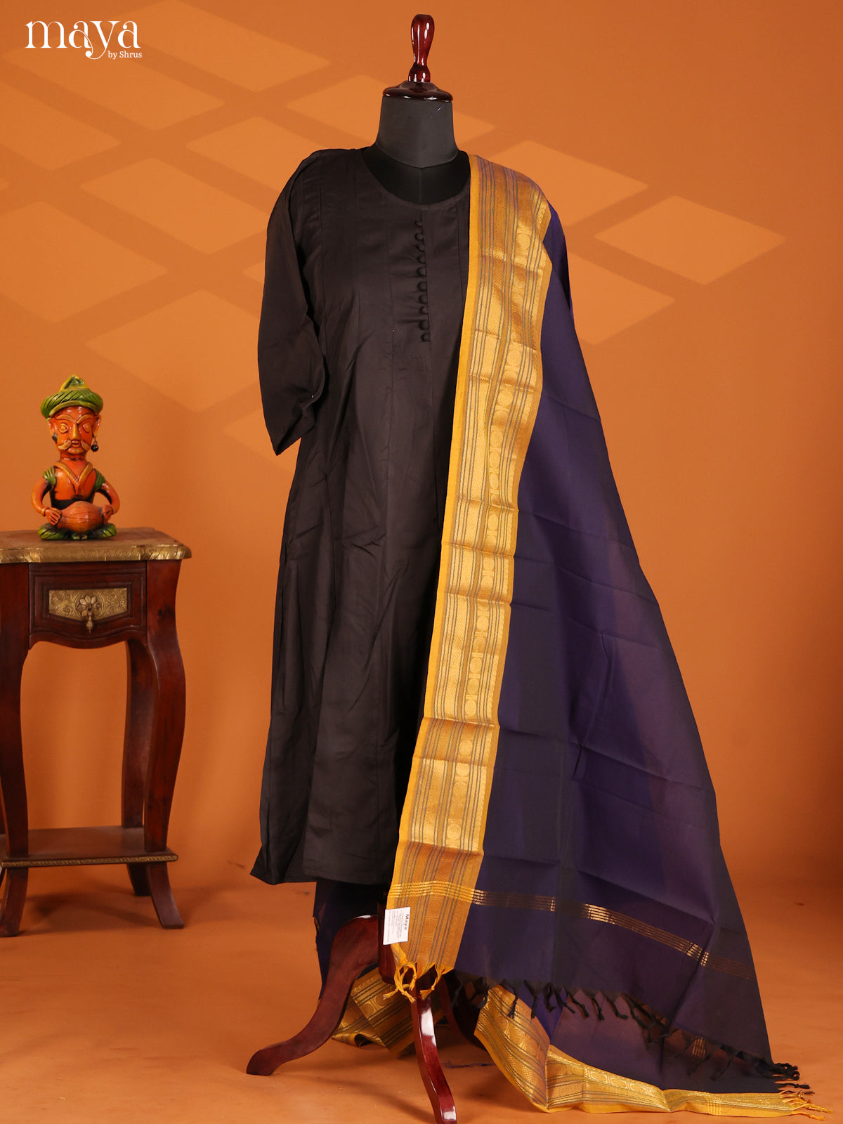 Blue Chettinad Cotton  Dupatta with Mustard contrast zari  border