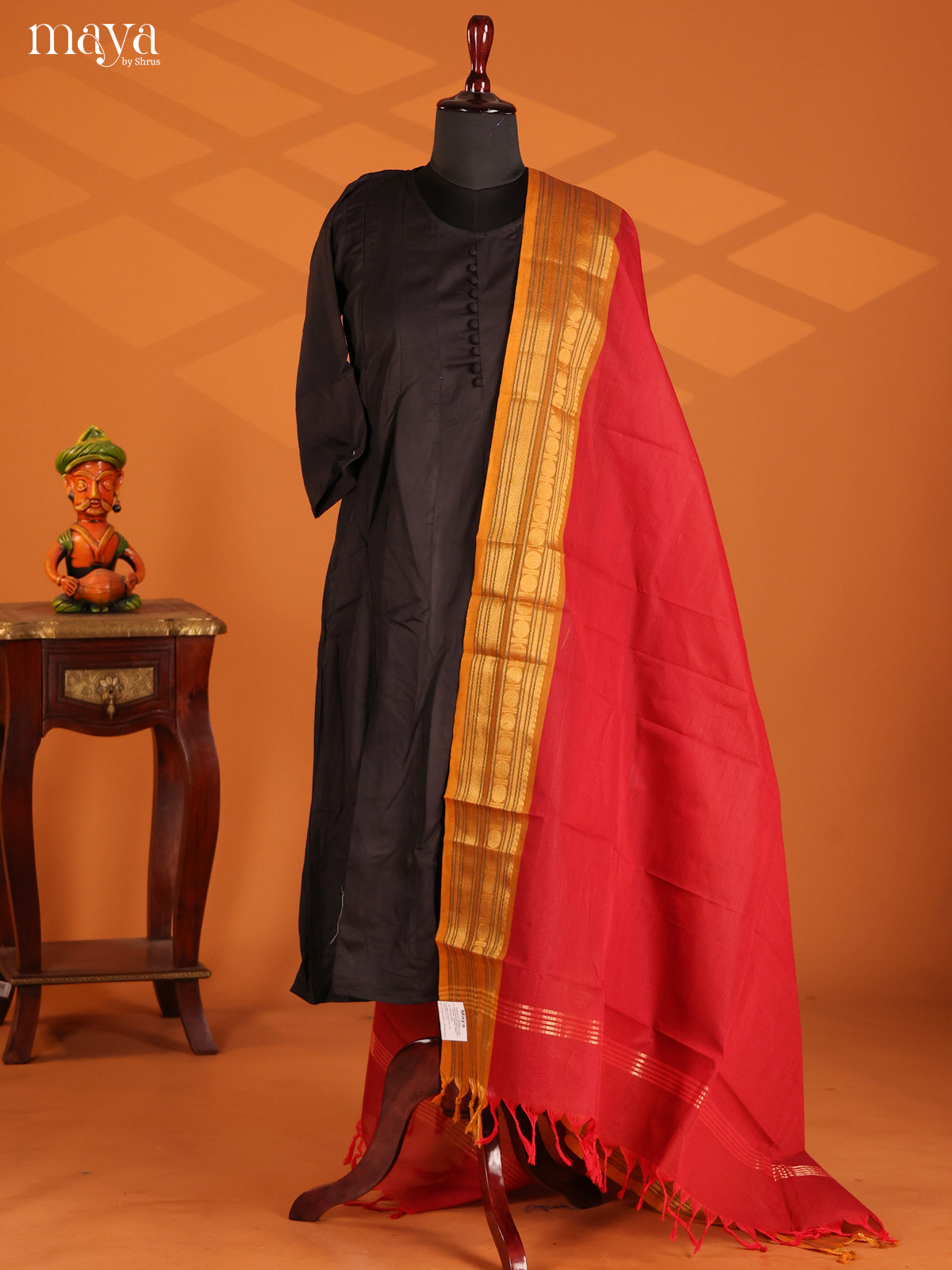 Red Chettinad Cotton Dupatta with Brick zari border