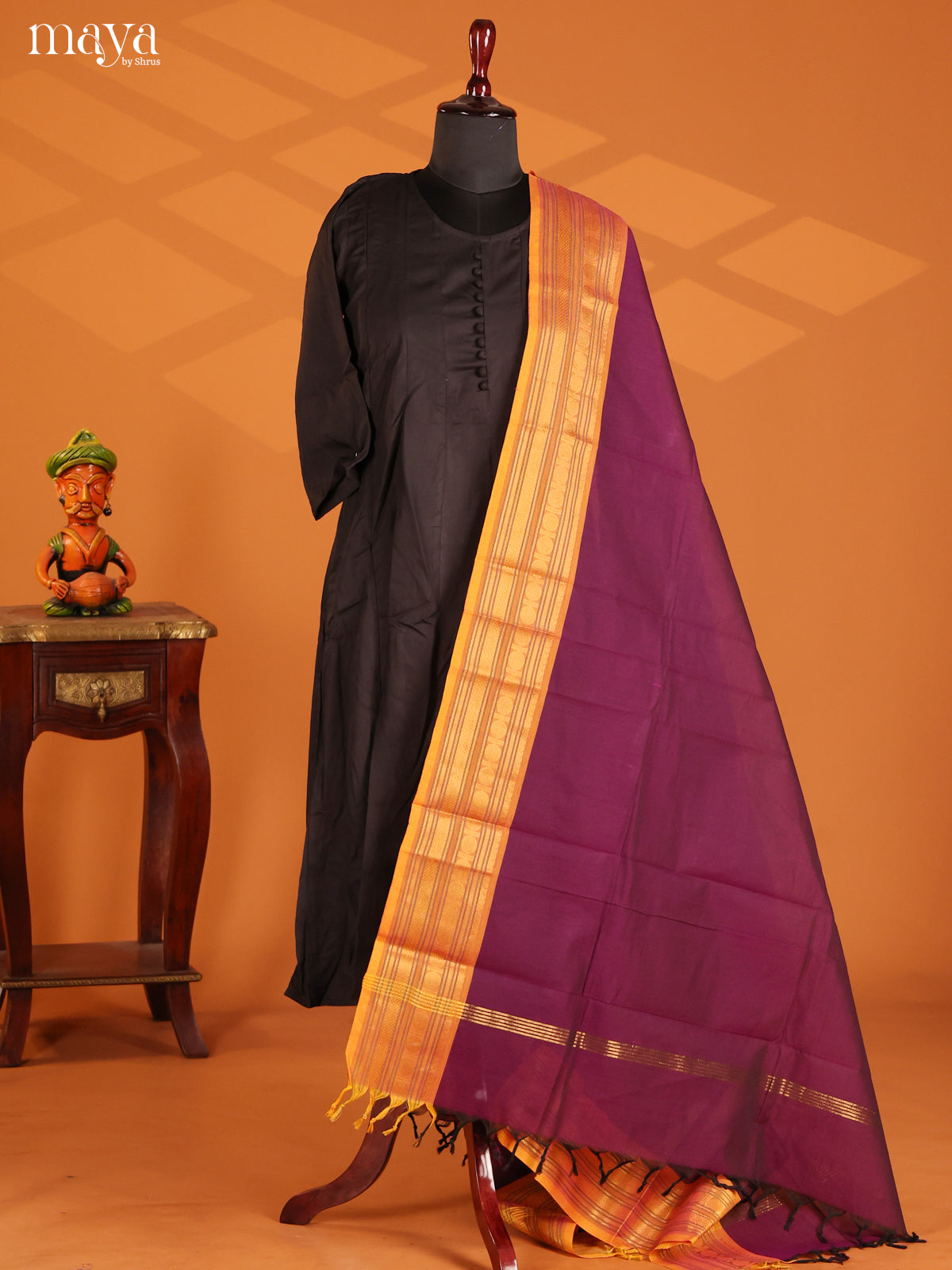 Purple Chettinad Cotton  Dupatta with orange zari border