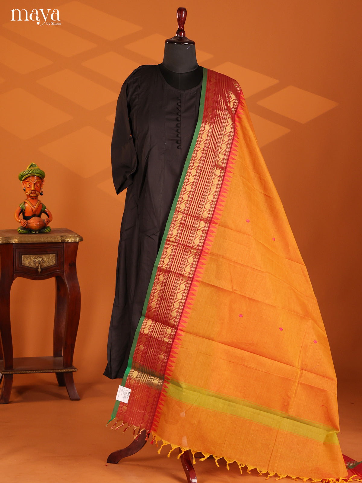 Mustard Chettinad Cotton Dupatta with thread woven buttas , contrast zari border