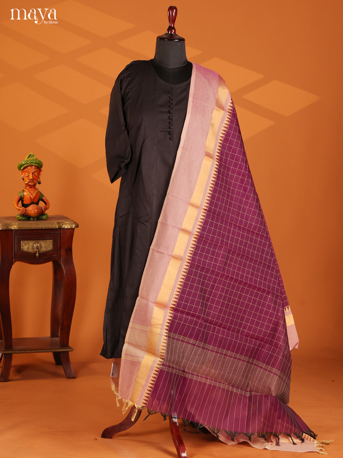 Purple Chettinad Cotton Dupatta with checks pattern ,dusty pink border