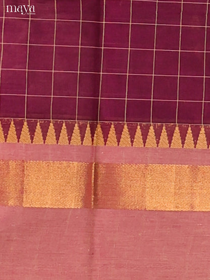 Purple Chettinad Cotton Dupatta with checks pattern ,dusty pink border