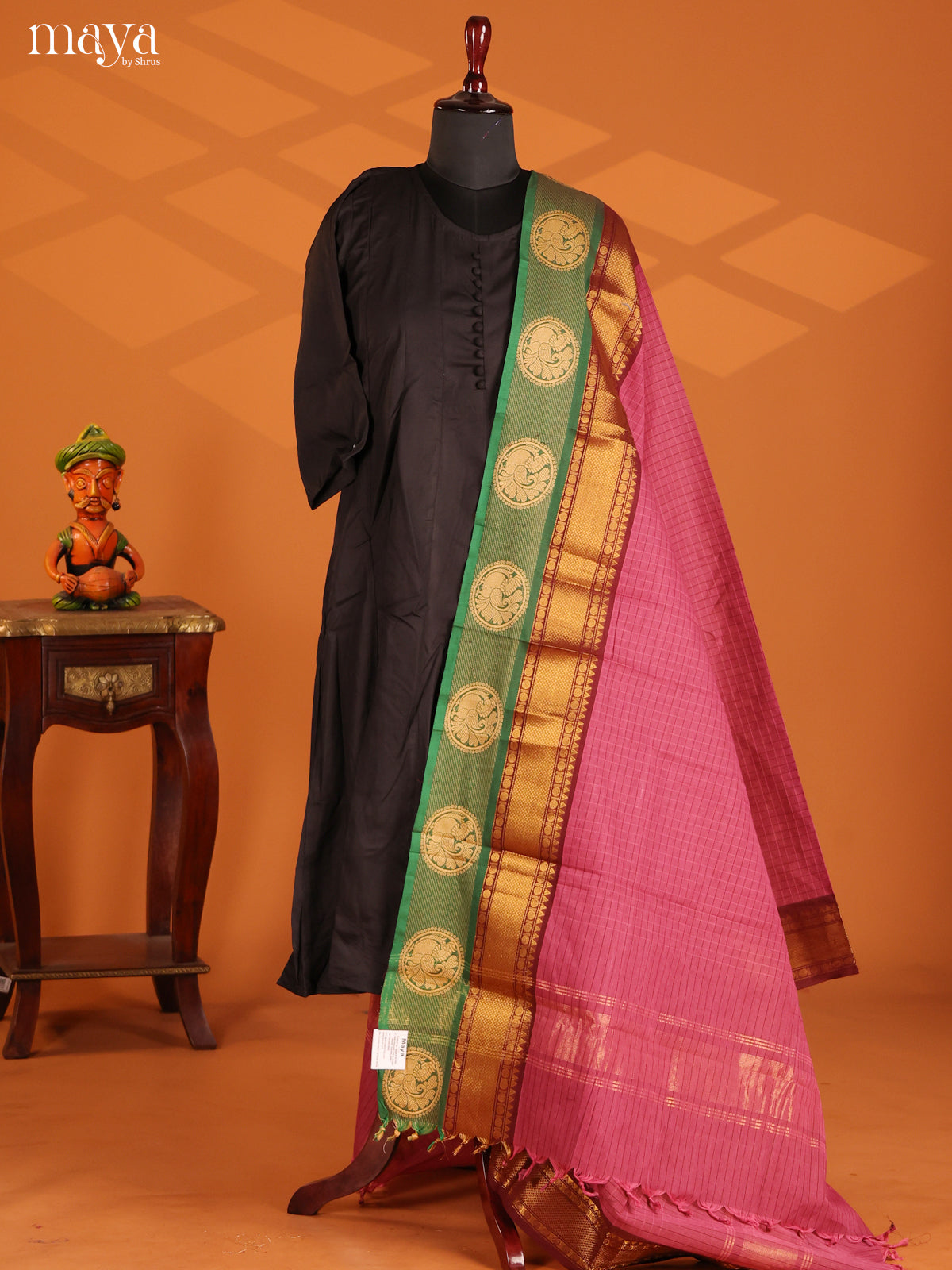 Pink Chettinad Cotton  Dupatta with checks pattern & Green Zari Border