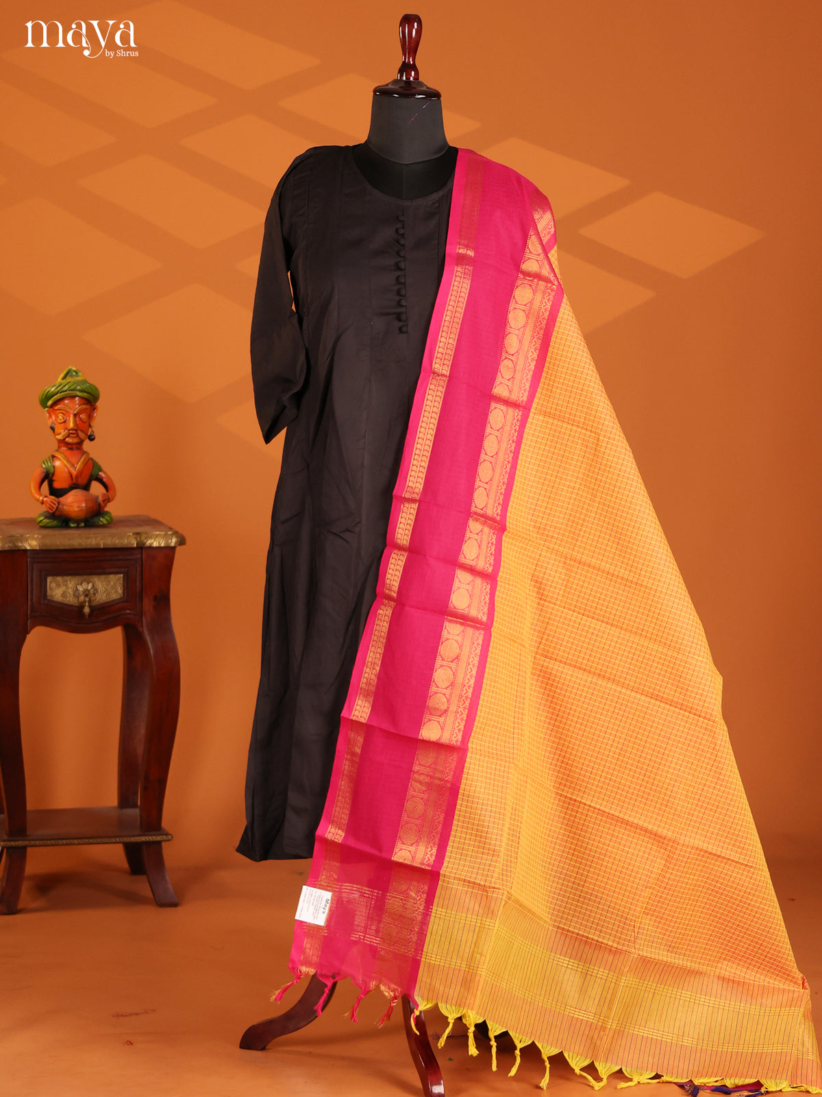 Mustard Chettinad Cotton  Dupatta with checks pattern, ganga jamuna zari border