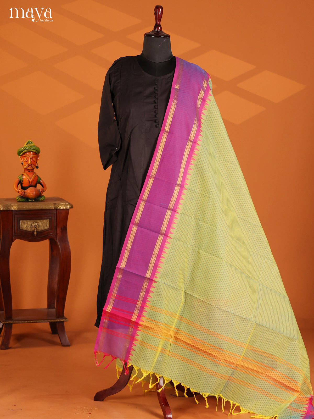 Pretty Pista Green Chettinad cotton Dupatta with purple border