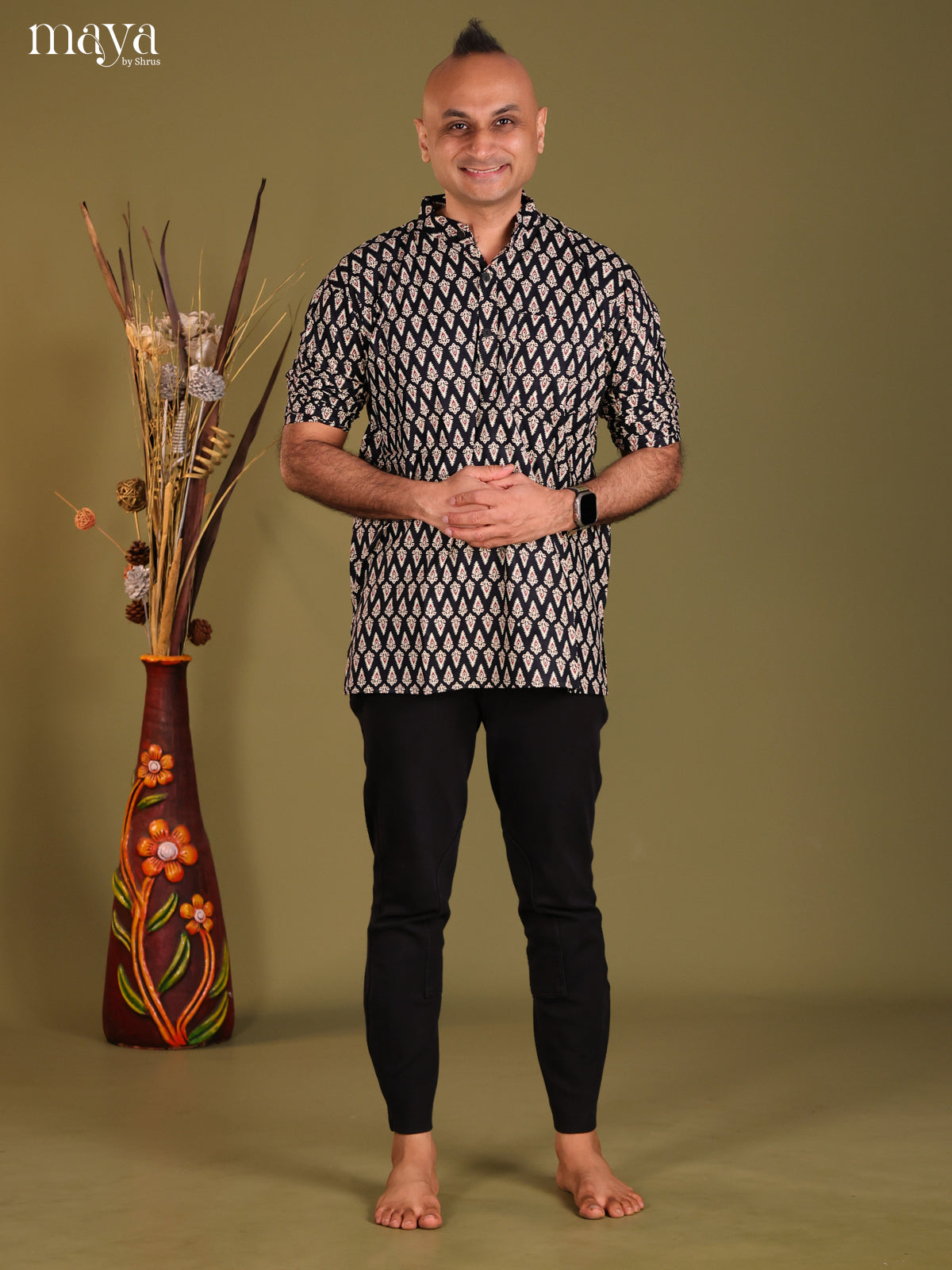 Black Cotton printed Short Men Kurta