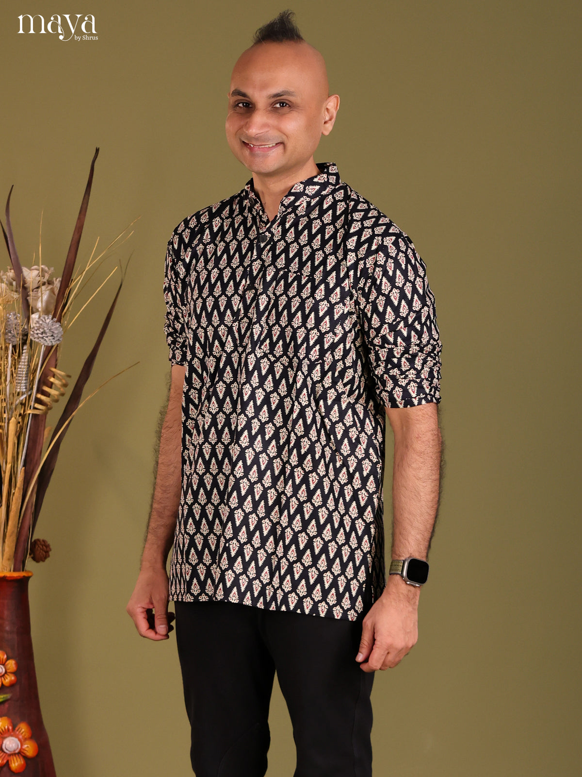 Black Cotton printed Short Men Kurta