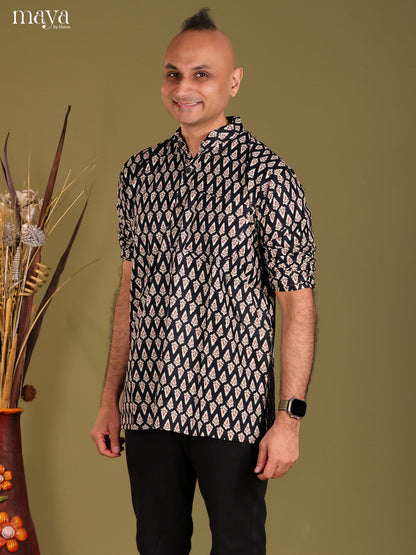 Black Cotton printed Short Men Kurta