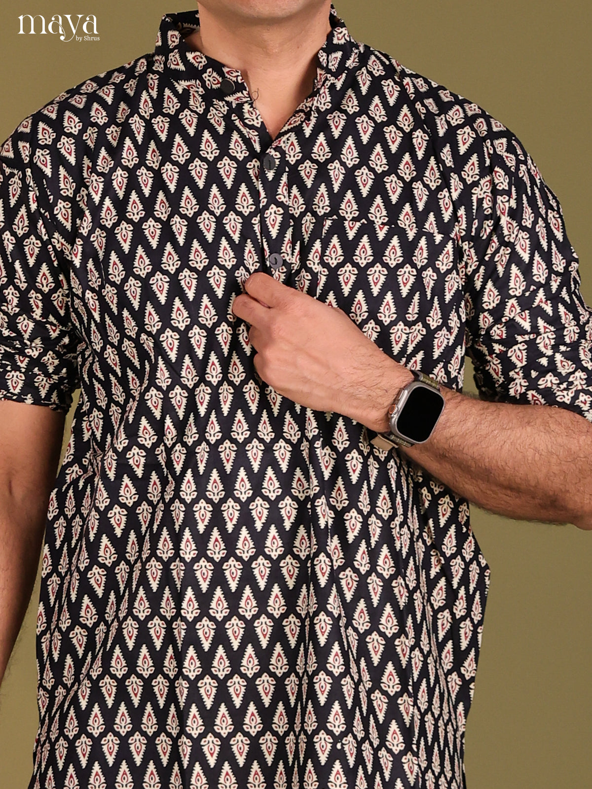 Black Cotton printed Short Men Kurta