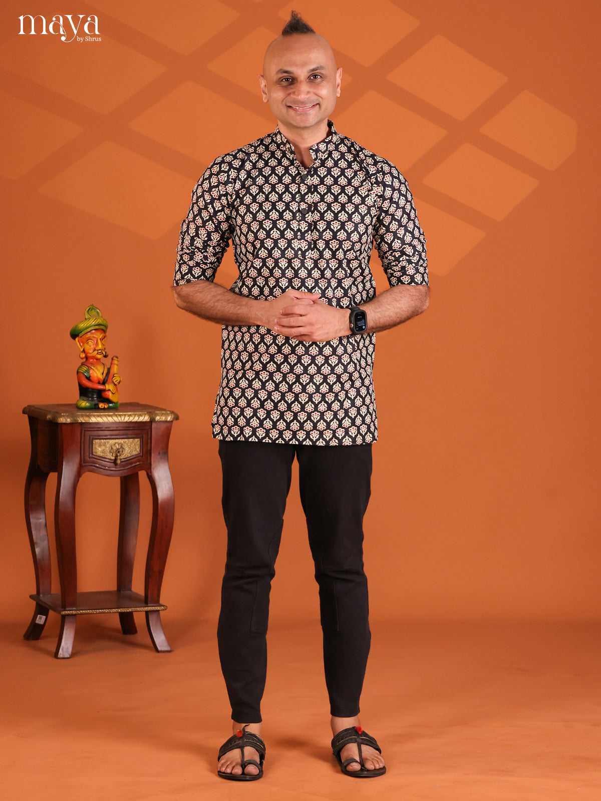 Black Cotton Floral Printed Short Men Kurta