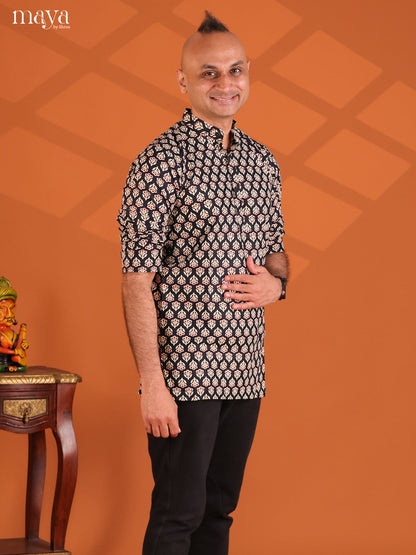 Black Cotton Floral Printed Short Men Kurta