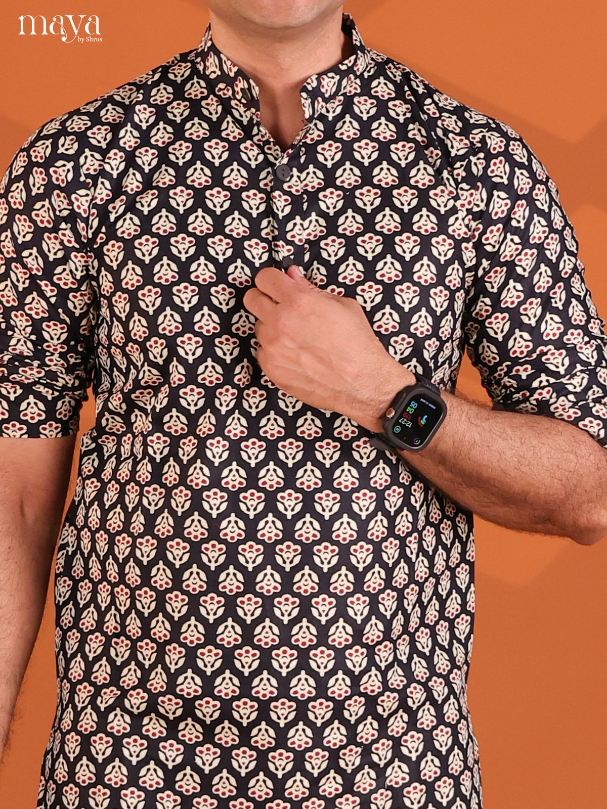 Black Cotton Floral Printed Short Men Kurta