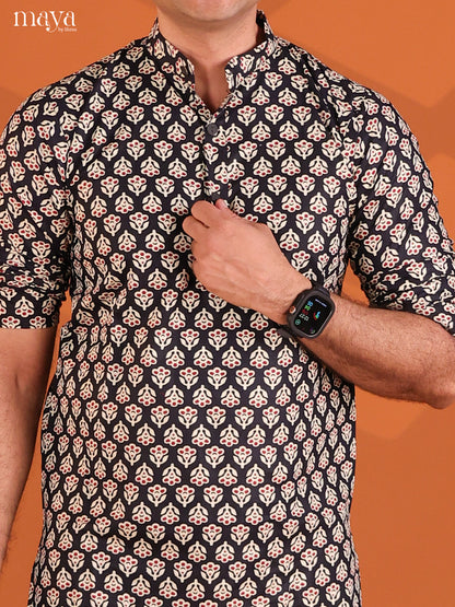 Black Cotton Floral Printed Short Men Kurta