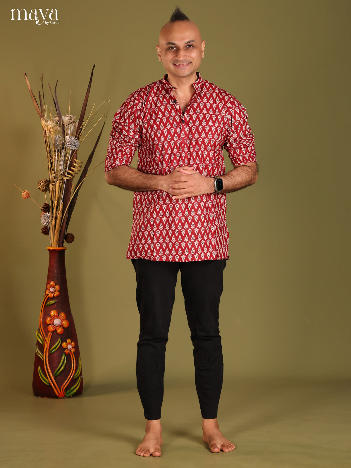 Maroon Cotton Floral Printed Short Men Kurta