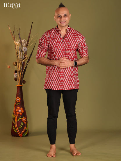 Maroon Cotton Floral Printed Short Men Kurta