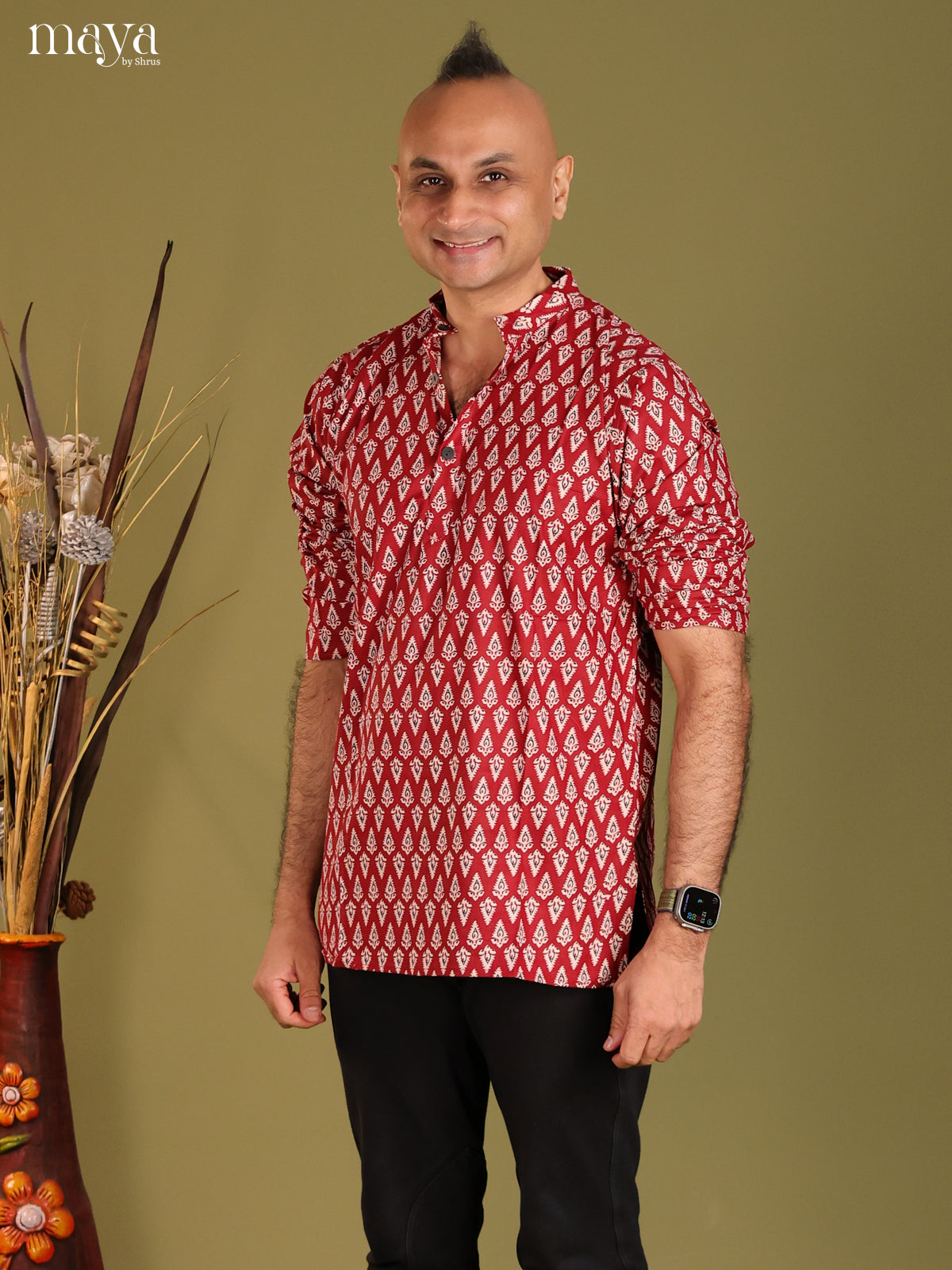 Maroon Cotton Floral Printed Short Men Kurta