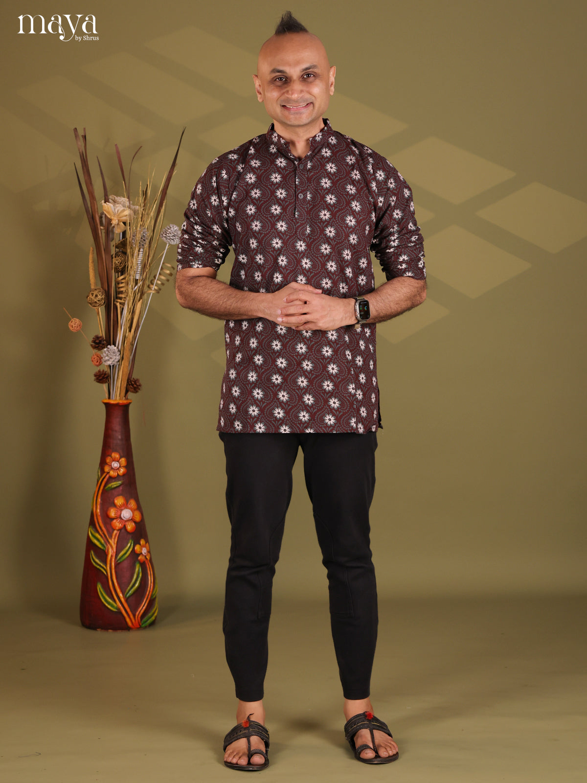 Brown Cotton Elephant Printed Short Men Kurta