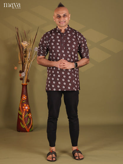 Brown Cotton Elephant Printed Short Men Kurta