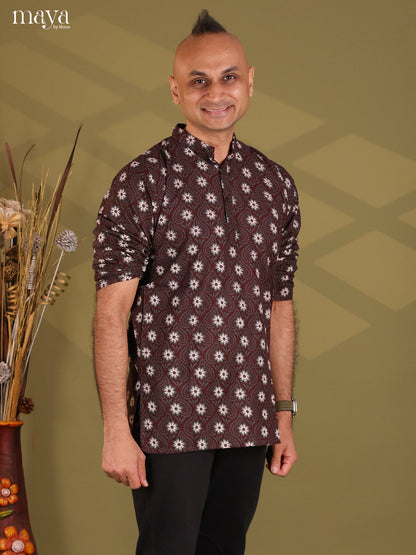 Brown Cotton Elephant Printed Short Men Kurta