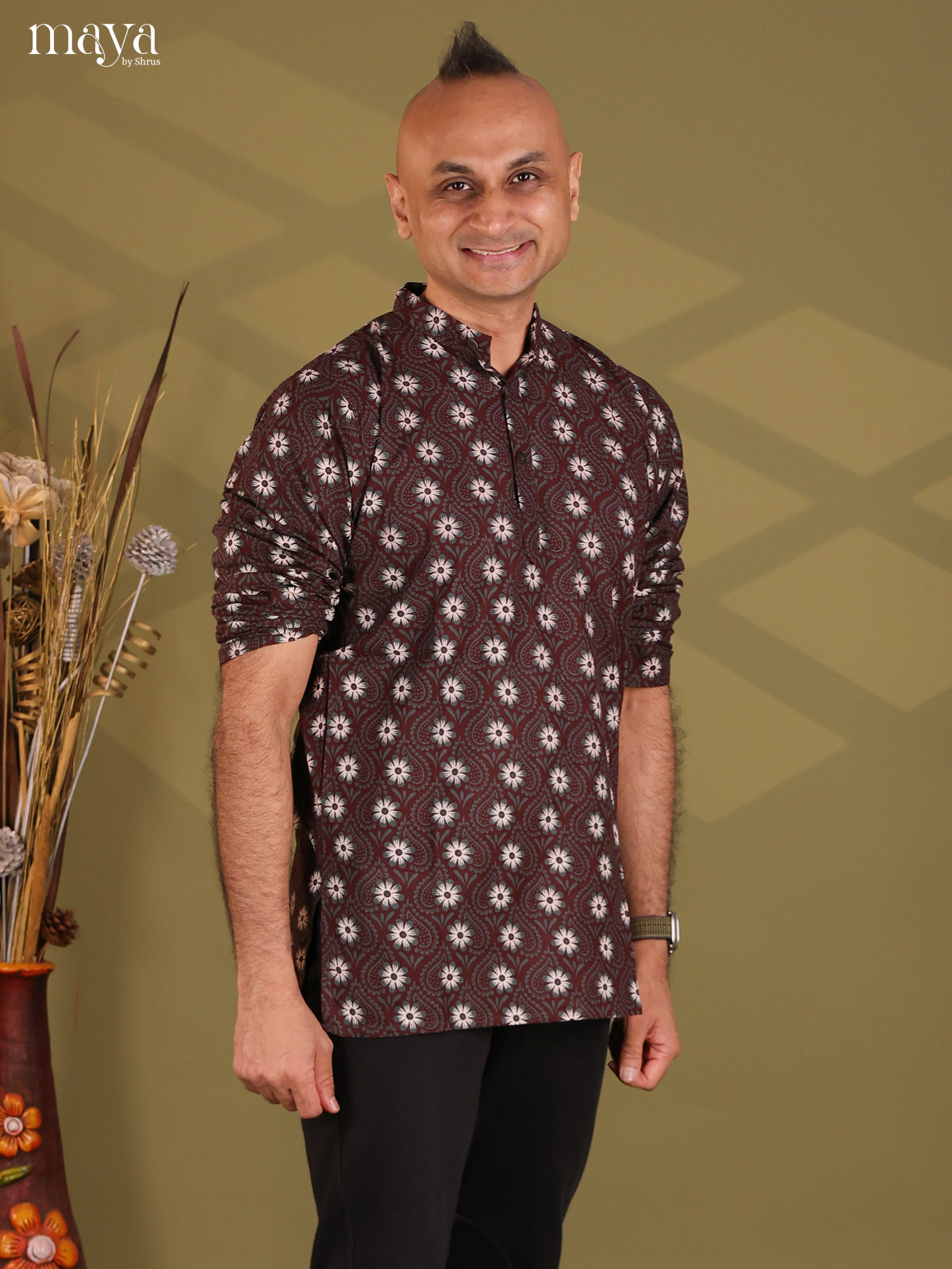 Brown Cotton Elephant Printed Short Men Kurta