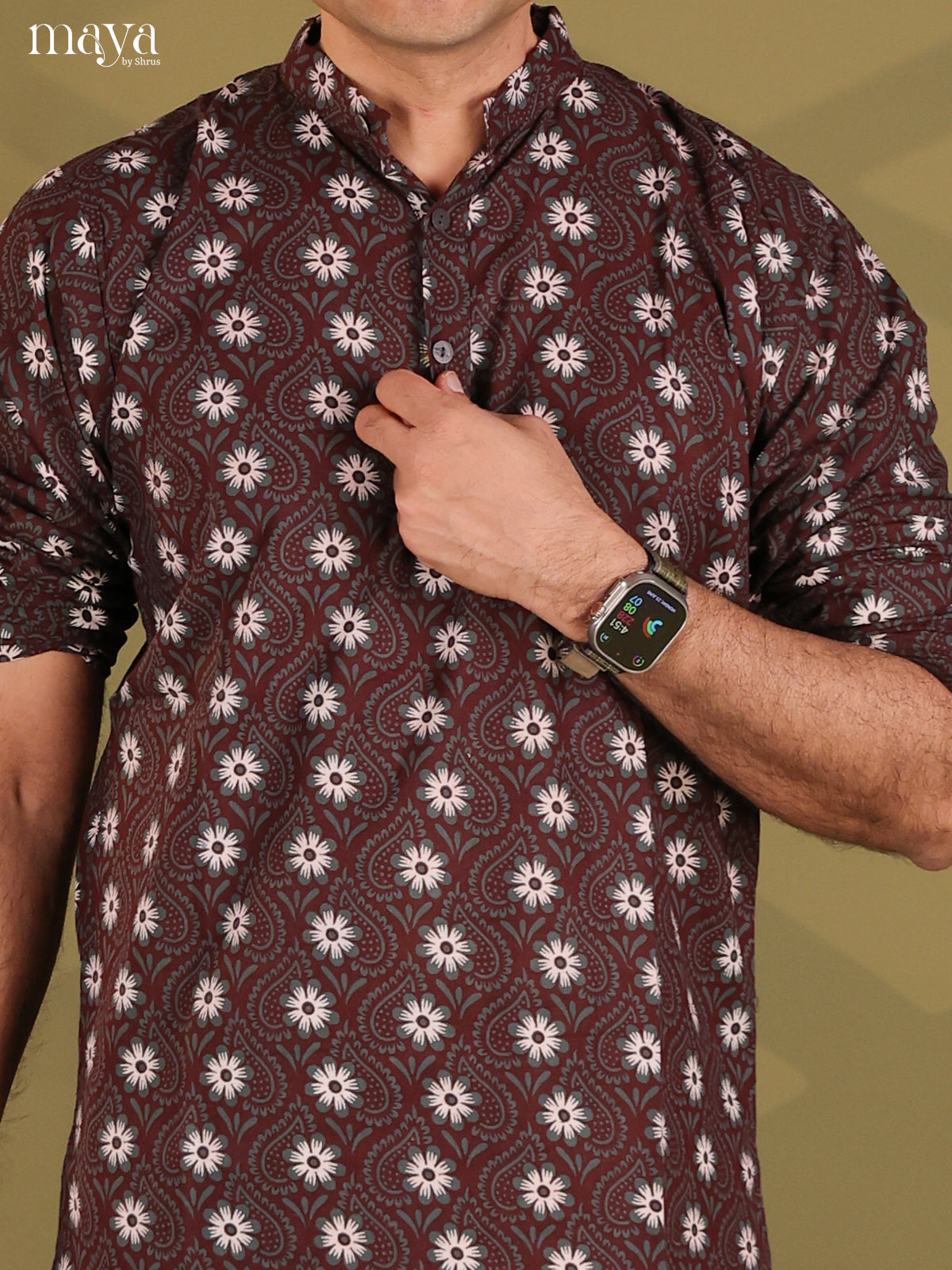 Brown Cotton Elephant Printed Short Men Kurta