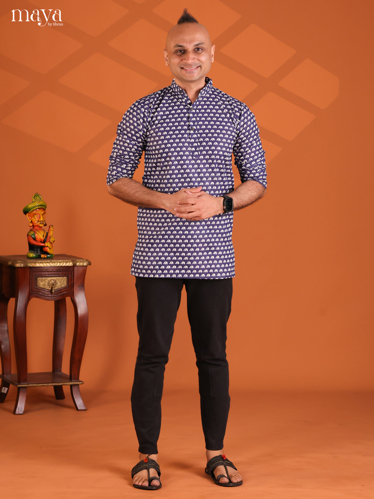 Navy Blue Cotton Elephant Printed Short Men Kurta