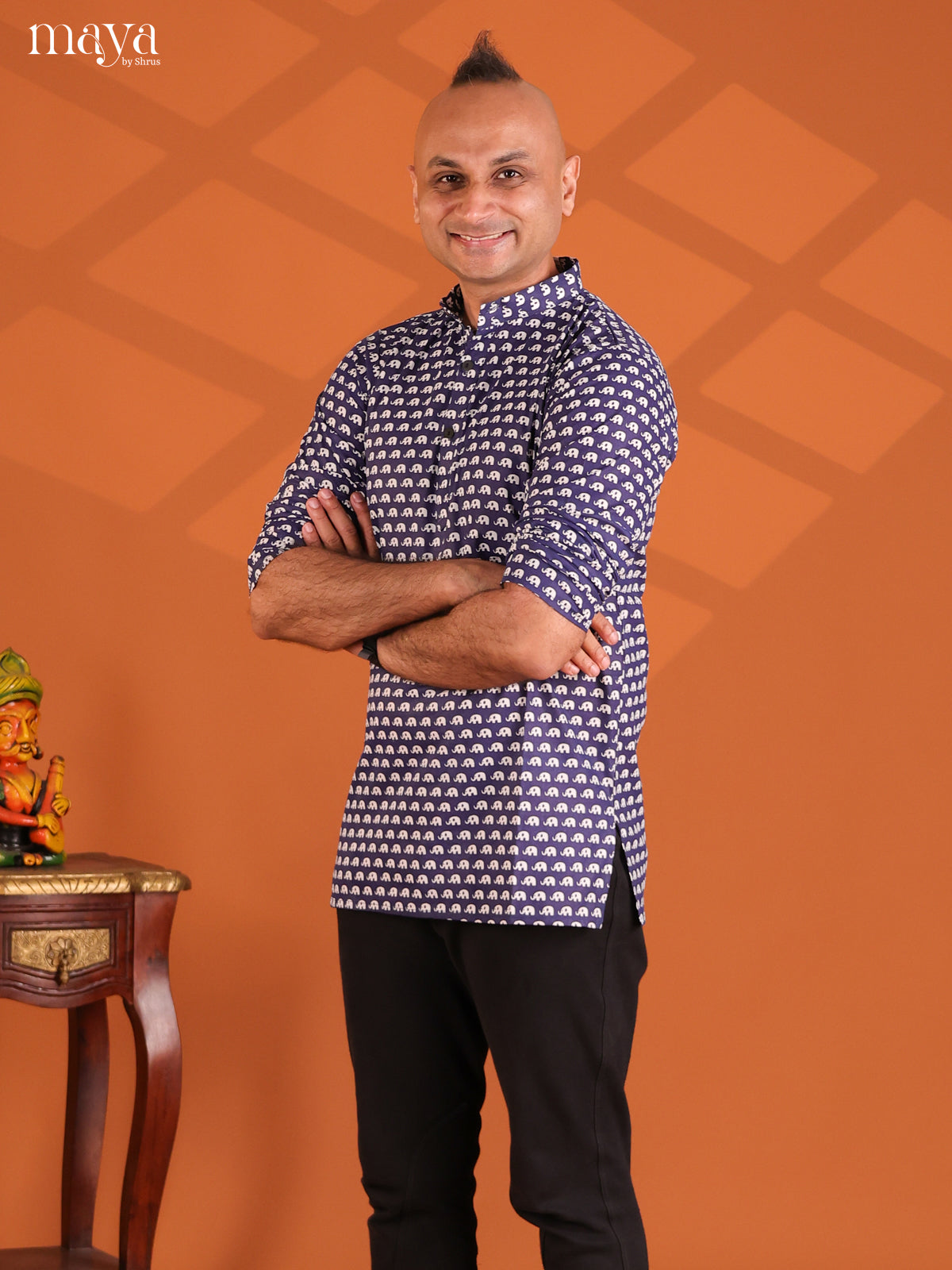 Navy Blue Cotton Elephant Printed Short Men Kurta